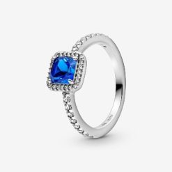 Blauwe Vierkante Fonkelende Halo Pandora Belgie Ring